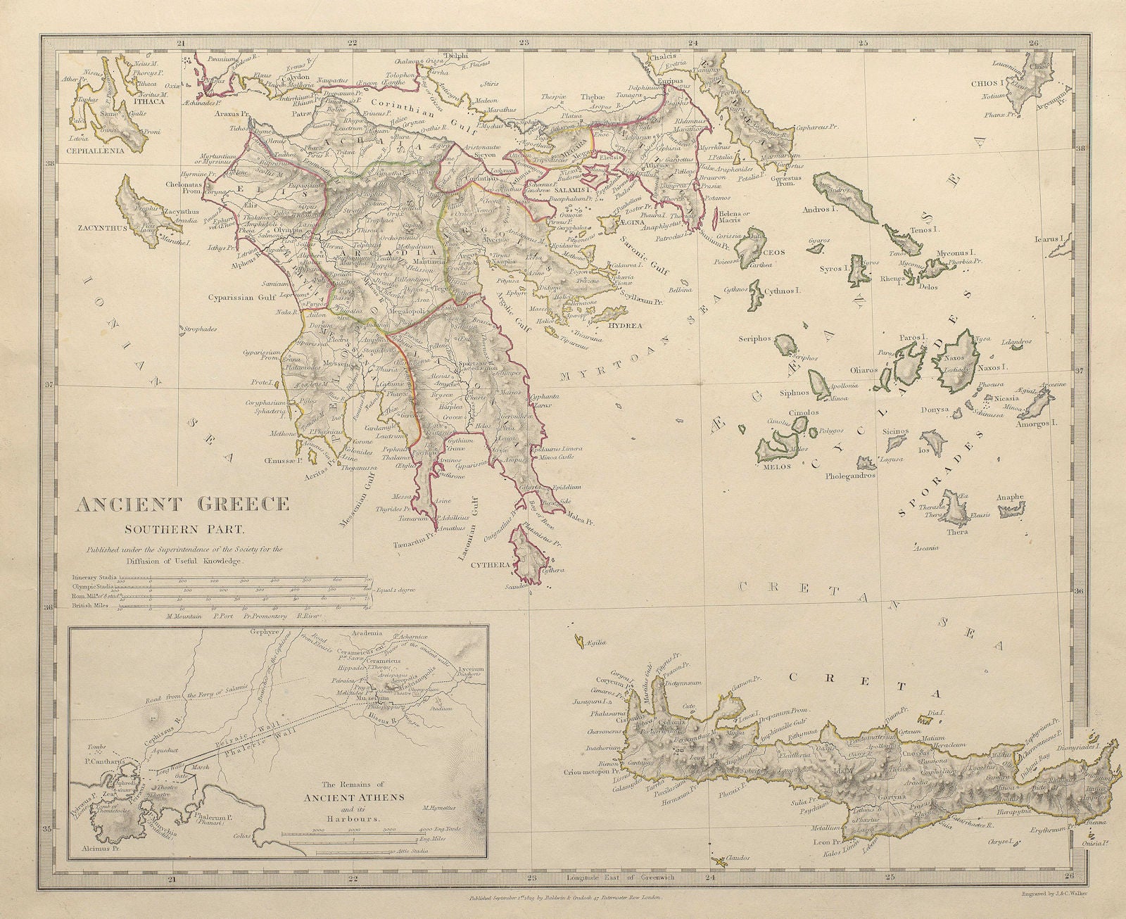 ANCIENT GREECE.Morea Creta Athens Peloponnesus Cyclades Arcadia.SDUK 1844 map